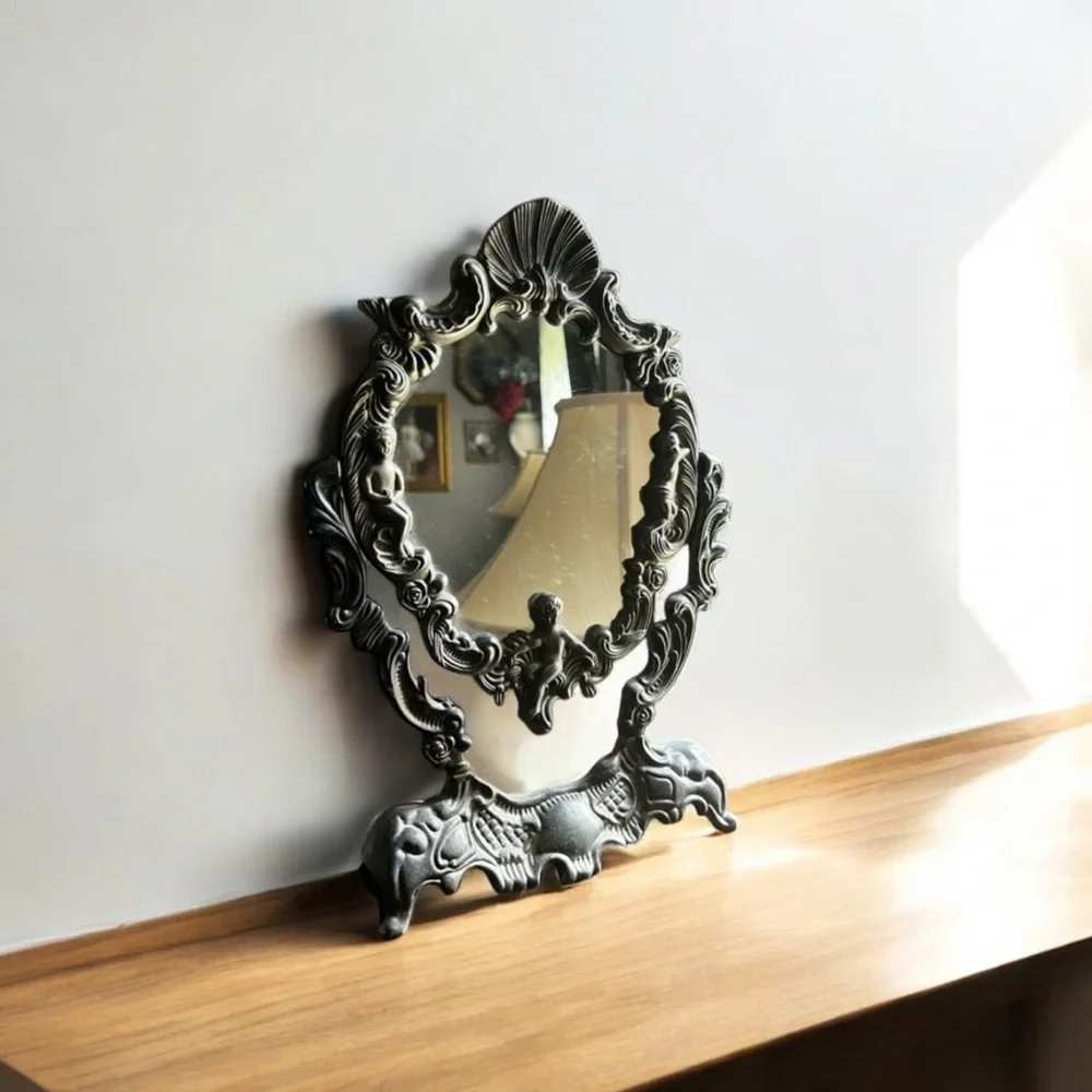 Vintage Ornate silver plated cherubs Tabletop Mirror